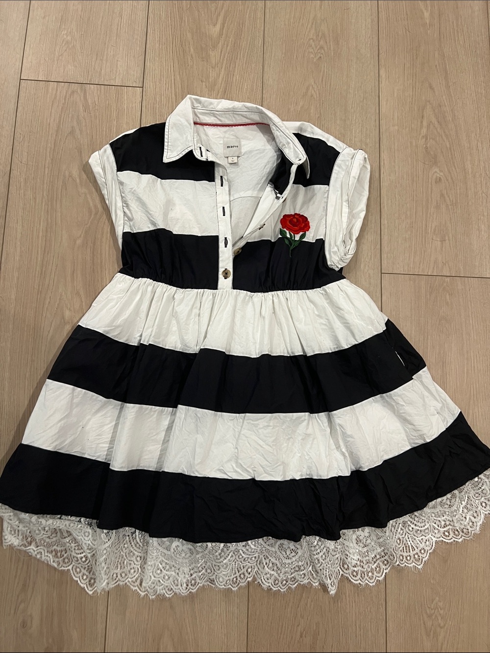 Maeve Black & White Striped Mini Dress with Red Rose Applique